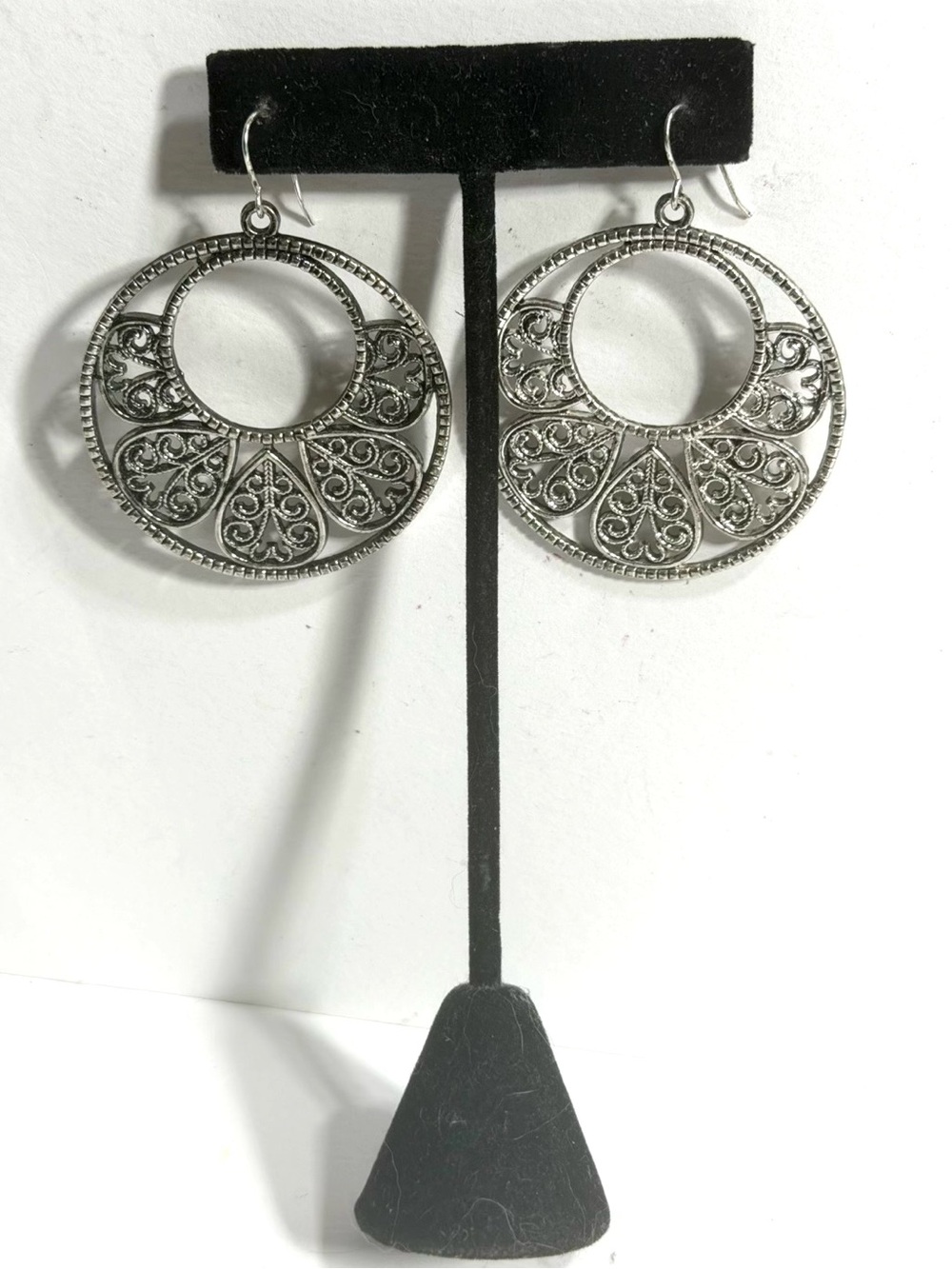 Filigree Hoop Earrings Silver Tone Boho Scroll Design Open Centers